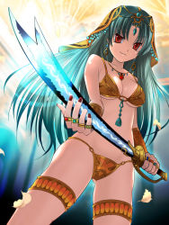Rule 34 | 1girl, bikini, breasts, earrings, green hair, hanesaka rio, holding, holding sword, holding weapon, jewelry, large breasts, long hair, looking at viewer, nail polish, necklace, official art, orange bikini, red eyes, red nails, ring, smile, solo, swimsuit, sword, weapon, weapon girls