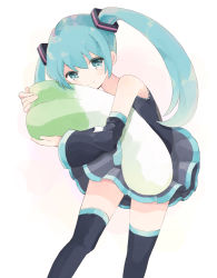 Rule 34 | 1girl, absurdres, aqua eyes, aqua hair, detached sleeves, hatsune miku, highres, long hair, looking at viewer, hugging object, oto (piiko), pillow, pillow hug, simple background, skirt, smile, solo, thighhighs, twintails, vocaloid, white background
