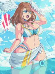 Rule 34 | !, !!, 1girl, angry, artbenbeau, bare arms, bikini, blue bikini, blue eyes, blue sky, blush, breasts, brown hair, choker, cleavage, cloud, commentary, curvy, day, english commentary, eunie (xenoblade), feathered wings, head wings, highres, large breasts, medium hair, navel, one eye closed, outdoors, partially submerged, sarong, sky, solo, standing, swimsuit, teeth, thick thighs, thigh strap, thighs, upper teeth only, white choker, white sarong, wide hips, wings, xenoblade chronicles (series), xenoblade chronicles 3