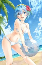 1girl :d absurdres anno_masato ball beach bent_over bikini blue_eyes blue_hair blue_sky breasts cleavage cloud collarbone day female_focus flower frilled_bikini frills hair_between_eyes hair_flower hair_ornament head_wreath hibiscus highres holding holding_ball looking_at_viewer medium_breasts ocean open_mouth outdoors re:zero_kara_hajimeru_isekai_seikatsu red_flower rem_(re:zero) shiny_skin short_hair sideboob sky smile solo standing swimsuit white_bikini white_flower x_hair_ornament yellow_flower