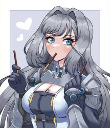 Rule 34 | 1girl, angryforks, armor, blue eyes, blush, breast tattoo, breasts, cleavage, cleavage cutout, closed mouth, clothing cutout, ethel (xenoblade), food, highres, large breasts, long hair, looking at viewer, pocky, shoulder armor, simple background, smile, solo, tattoo, very long hair, xenoblade chronicles (series), xenoblade chronicles 3