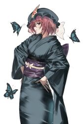 Rule 34 | 1girl, absurdres, blue headwear, blue kimono, bug, butterfly, expressionless, green eyes, hand on own hip, highres, insect, japanese clothes, kimono, looking at viewer, looking to the side, po (anhk5528), purple hair, saigyouji yuyuko, short hair, sketch, solo, touhou, white background