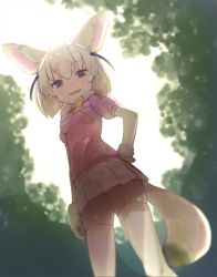 Rule 34 | 10s, 1girl, animal ears, blonde hair, blush, bow, bowtie, elbow gloves, fennec (kemono friends), fox ears, fox tail, from below, fur trim, gloves, hand on own hip, highres, kakura mina, kemono friends, looking at viewer, pleated skirt, puffy short sleeves, puffy sleeves, short hair, short sleeves, skirt, smug, solo, sweater, tail, thighhighs, zettai ryouiki