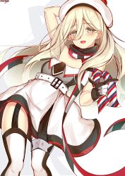 Rule 34 | 1girl, :d, armband, belt, belt buckle, beret, blonde hair, blush, buckle, dress, gloves, grey eyes, hat, highres, kantai collection, long hair, mole, mole under eye, mole under mouth, multicolored clothes, multicolored gloves, open mouth, richelieu (kancolle), sazamiso rx, smile, solo, strapless, strapless dress, thighhighs, white hat