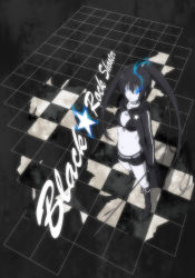Rule 34 | 10s, 1girl, belt, bikini, bikini top only, black bikini, black hair, black rock shooter, black rock shooter (character), blue eyes, checkered floor, collarbone, floor, from above, glowing, glowing eyes, highres, jacket, kai (link2262), long hair, midriff, navel, perspective, scar, short shorts, shorts, solo, star (symbol), stitches, swimsuit, sword, twintails, very long hair, weapon, zipper