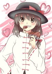 Rule 34 | 1girl, asymmetrical hair, bow, brown hair, candy, chinese clothes, chocolate, chocolate heart, fedora, food, hand in pocket, hat, hat bow, heart, looking at viewer, myouga teien, one-hour drawing challenge, retrospective 53 minutes, smile, touhou, upper body, usami renko, valentine, wide sleeves