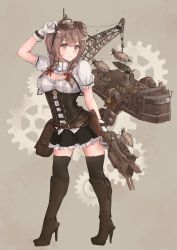 Rule 34 | 1girl, alternate costume, bag, belt, black thighhighs, blush, boots, braid, breasts, brown belt, brown eyes, brown footwear, brown hair, cleavage, closed mouth, commentary, corset, frilled skirt, frills, full body, gears, gloves, goggles, goggles on head, hair ribbon, high heel boots, high heels, highres, holding, k jie, kantai collection, long hair, medium breasts, puffy short sleeves, puffy sleeves, ribbon, rigging, shinshuu maru (kancolle), short sleeves, simple background, skirt, solo, standing, steampunk, thighhighs, twin braids, white gloves