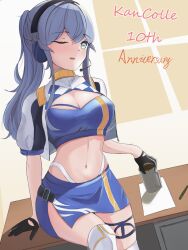 Rule 34 | 1girl, anniversary, bandeau, black gloves, blue bandeau, blue eyes, blue hair, blue skirt, blue tube top, breasts, dimos (dawn 1945), english text, gloves, gotland (kancolle), hair between eyes, half gloves, headset, highres, kantai collection, large breasts, long hair, miniskirt, mole, mole under eye, official alternate costume, one eye closed, pencil skirt, ponytail, race queen, shrug (clothing), skirt, solo, strapless, tube top