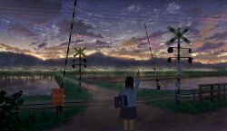 Rule 34 | 1girl, bag, book, bookbag, brown hair, city lights, cloud, cloudy sky, commentary, evening, highres, kojomi (7j543), long hair, middle finger, mountain, original, railroad crossing, railroad signal, rice paddy, scenery, shirt, skirt, sky, solo, star (symbol), sunset, water, white shirt