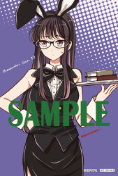 Rule 34 | 1girl, animal ears, artist name, black-framed eyewear, black bow, black bowtie, black hair, black jacket, black skirt, blush, book, book stack, bow, bowtie, breasts, buttons, character name, closed mouth, collared shirt, commentary request, copyright name, dress shirt, embarrassed, english text, fake animal ears, fingernails, glasses, hand on own hip, himawari-san, himawari-san (character), holding, holding tray, jacket, long hair, looking away, looking to the side, not for sale, polka dot, polka dot background, purple background, purple eyes, rabbit ears, sample watermark, shirt, signature, skirt, sleeveless, sleeveless jacket, solo, standing, sugano manami, sweatdrop, tray, vest, watermark, white shirt, wrist cuffs