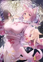 Rule 34 | 1girl, aerial fireworks, animal ears, artist request, basket, bell, blunt bangs, bow, breasts, cat ears, cat girl, cat tail, center frills, check artist, fingernails, fireworks, floral print, flower in eye, frills, hair ribbon, heterochromia, highres, huge breasts, indie virtual youtuber, japanese clothes, kimono, legs, looking at viewer, nail polish, night, night sky, open hand, open mouth, pink bow, pink eyes, pink hair, pink kimono, pink sash, pink tail, ponytail, print kimono, purple eyes, raised eyebrows, ribbon, sash, second-party source, sky, smile, solo, standing, symbol in eye, tail, tail bell, tail bow, tail ornament, tenshouin himeno, thomasz, tree, virtual youtuber, white ribbon, wide sleeves, yellow nails