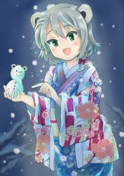 Rule 34 | 1girl, :d, absurdres, alternate costume, animal ears, bear ears, blue background, braid, fang, floral print, green eyes, grey hair, hair ribbon, highres, indie virtual youtuber, japanese clothes, kimono, kumagai chisato, mountain, night, open mouth, outdoors, pointing, red ribbon, ribbon, short hair, single braid, smile, snowing, snowman, solo, virtual youtuber, yamai (fjeopswvjrrpwmf)