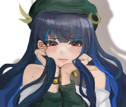 Rule 34 | 1girl, beret, black hair, blue hair, blush, colored inner hair, commentary request, eyeliner, fate/grand order, fate (series), green hat, green jacket, grey eyes, hands on own face, hat, highres, jacket, jewelry, looking at viewer, makeup, multicolored hair, neck ring, o-ring, solo, tenochtitlan (fate), tenochtitlan (second ascension) (fate), wavy hair, zipper