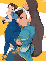 Rule 34 | 1girl, absurdres, ass, asymmetrical hair, bare shoulders, blue bodysuit, blush, bodysuit, bracelet, brown eyes, brown hair, brown pantyhose, capcom, china dress, chinese clothes, chun-li, clenched hand, clenched hands, crop top, crop top overhang, double bun, dress, flexible, from behind, hair bun, hair ornament, highres, jewelry, leg up, legs, looking at viewer, looking back, muscular, muscular female, obi, pantyhose, pelvic curtain, puffy short sleeves, puffy sleeves, sash, shoes, short sleeves, side slit, skin tight, smug, sneakers, solo, spiked bracelet, spikes, street fighter, street fighter ii (series), street fighter zero (series), thighs, whoopsatro
