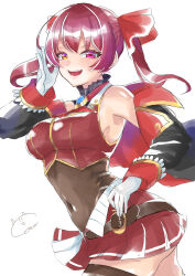 Rule 34 | 0002koko, 1girl, absurdres, bow, breasts, gloves, hair bow, hand on own hip, heterochromia, highres, hololive, houshou marine, long sleeves, looking at viewer, miniskirt, open clothes, puffy long sleeves, puffy sleeves, red bow, red eyes, red hair, red skirt, simple background, skirt, solo, virtual youtuber, white background, white gloves, yellow eyes