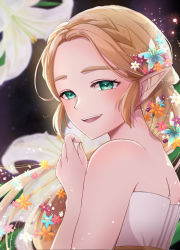 Rule 34 | 1girl, :d, bare arms, bare shoulders, blonde hair, blue flower, blurry, blurry background, braid, commentary request, dress, flower, from side, green eyes, hair flower, hair ornament, highres, long hair, looking at viewer, nintendo, open mouth, orange flower, parted bangs, pointy ears, princess zelda, red flower, seri (yuukasakura), signature, silent princess, smile, solo, strapless, strapless dress, teeth, the legend of zelda, the legend of zelda: breath of the wild, upper body, upper teeth only, wavy hair, white dress, white flower