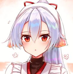 Rule 34 | 1girl, ?, apron, black undershirt, blush, commentary request, fate/grand order, fate (series), hair between eyes, head scarf, kappougi, long hair, o h miona, ponytail, red eyes, silver hair, solo, surprised, tenugui, tomoe gozen (fate), turtleneck