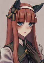 Rule 34 | 1girl, :o, animal ears, aqua eyes, black gloves, blunt bangs, blush, bow, bowtie, commentary request, ear covers, flat chest, gloves, grey background, hair ornament, hairband, hand on own chest, hand up, highres, horse ears, jacket, long hair, long sleeves, looking at viewer, makai (67makai), orange hair, portrait, silence suzuka (umamusume), simple background, solo, twitter username, umamusume, white jacket