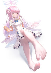 Rule 34 | 1girl, absurdres, arm behind back, blue archive, cake, dorsiflexion, feet, food, highres, knees together feet apart, long hair, looking at viewer, mika (blue archive), pantyhose, parted lips, pink hair, side bun, soles, swiss roll, toes, white pantyhose, wings, yellow eyes