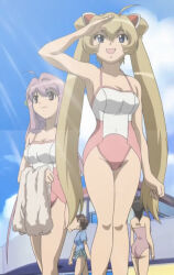 Rule 34 | 4girls, animal ears, armpits, arms up, ass, bare shoulders, blonde hair, blue eyes, building, closed mouth, cloud, collarbone, day, dot nose, facing away, highres, holding, holding towel, legs, magikano, mamiya ayumi, medium hair, multiple girls, one-piece swimsuit, open mouth, outdoors, sky, smile, standing, stitched, swimsuit, third-party edit, towel, yoshikawa maika