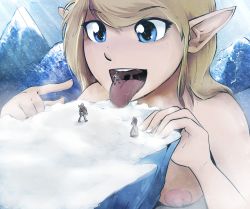 Rule 34 | 2boys, 2girls, blonde hair, blue eyes, breasts, cliff, cold, giant, giantess, helping, highres, knight, long hair, mountain, multiple boys, multiple girls, nipples, pointing, pointy ears, protecting, size difference, skinnychimp, smile, snow, tongue, tongue out, vore