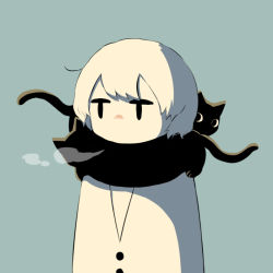Rule 34 | aqua background, avogado6, black cat, black eyes, blush, breath, cat, coat, commentary request, jitome, looking at viewer, muted color, no mouth, no nose, nose blush, original, scarf, short hair, simple background, solo, upper body, what, | |