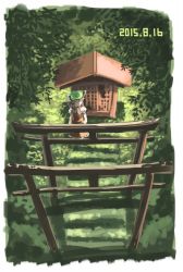 Rule 34 | 1girl, animal ears, brown eyes, brown hair, cat ears, chen, dated, grass, hat, kabu (yuyuibob), leaf, shrine, solo, stairs, torii, touhou