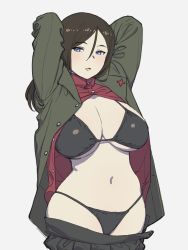 Rule 34 | 1girl, absurdres, arms behind head, arms up, bikini, blush, breasts, cleavage, girls und panzer, highres, large breasts, navel, nonna (girls und panzer), onsen tamago (hs egg), open clothes, open mouth, open shirt, seductive smile, skirt, smile, solo, stomach, swimsuit, uniform