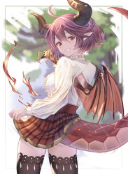 Rule 34 | 1girl, ahoge, black thighhighs, dragon girl, dragon horns, dragon tail, dragon wings, fire, from behind, granblue fantasy, grea (shingeki no bahamut), highres, horns, long sleeves, looking at viewer, looking back, mohurine cute, outside border, plaid, plaid skirt, pointy ears, red eyes, red hair, red skirt, shingeki no bahamut, shirt, short hair, skirt, smile, solo, tail, thighhighs, thighs, white shirt, wings, zettai ryouiki