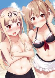Rule 34 | 10s, 2girls, :o, absurdres, adjusting hair, arm behind back, bare arms, bare shoulders, beach, bikini, bikini under clothes, black bikini, black ribbon, black skirt, blonde hair, blue sky, blunt bangs, blush, breasts, brown hair, cleavage, cloud, collarbone, covering privates, covering breasts, day, embarrassed, fang, frilled skirt, frills, front-tie bikini top, front-tie top, hair between eyes, hair flaps, hair ribbon, highres, horizon, kantai collection, long hair, looking at viewer, medium breasts, miniskirt, multiple girls, murasame (kancolle), navel, ocean, ohiya, outdoors, parted lips, red eyes, red ribbon, ribbon, sidelocks, skirt, sky, stomach, swimsuit, tan, tanline, thigh gap, topfreedom, topless, tsurime, twintails, very long hair, water, wavy mouth, white skirt, yuudachi (kancolle)