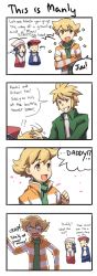 Rule 34 | 1girl, 3boys, 4koma, age difference, alternate costume, barry (pokemon), blonde hair, comic, commentary, creatures (company), dawn (pokemon), english text, father and son, game freak, hat, long image, lucas (pokemon), multiple boys, nintendo, palmer (pokemon), pokemon, scarf, smile, tall image, weee (raemz), yellow eyes