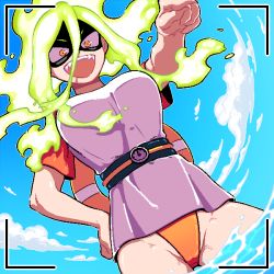 Rule 34 | 1girl, :d, alternate costume, boku no hero academia, burnin (boku no hero academia), day, domino mask, eye mask, fangs, fiery hair, highleg, kingbawoon, lifebuoy, mask, open mouth, outdoors, outstretched arm, pointing, shirt, smile, solo, swim ring, swimsuit, swimsuit under clothes, water, white shirt
