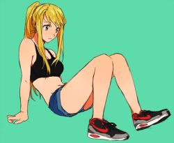 Rule 34 | 1girl, aqua background, bare arms, bare legs, bare shoulders, blonde hair, blue eyes, expressionless, full body, fullmetal alchemist, long hair, looking away, ponytail, riru, shoes, shorts, sitting, sneakers, solo, sports bra, winry rockbell