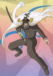 Rule 34 | 1boy, absurdres, artist name, blue necktie, bogard (one piece), brown hat, closed mouth, coat, coat on shoulders, covered eyes, epaulettes, formal, full body, hat, hat over eyes, highres, holding, holding sword, holding weapon, kuroteo, male focus, military uniform, necktie, one piece, solo, suit, sword, uniform, watermark, weapon, web address