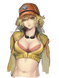 Rule 34 | 10s, 1girl, 2016, blonde hair, breasts, cidney aurum, cleavage, cropped jacket, dated, dirty, dirty face, final fantasy, final fantasy xv, goggles, goggles around neck, green eyes, hat, highres, kumiko shiba, light smile, looking at viewer, medium breasts, navel, short hair, simple background, sketch, smile, solo, white background