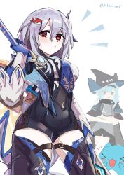 Rule 34 | 1girl, arknights, black hairband, black headwear, black shorts, black thighhighs, blue gloves, blue hair, blue necktie, breasts, commentary request, cosplay, cowboy shot, eula (genshin impact), eula (genshin impact) (cosplay), genshin impact, gloves, grey hair, hairband, hand up, highres, looking at viewer, medium breasts, necktie, orca hair ornament, red eyes, satou rina, shirt, short shorts, shorts, simple background, skadi (arknights), skadi (arknights) (cosplay), sleepyowl (jobkung15), solo, standing, thighhighs, thighs, voice actor connection, white background, white shirt