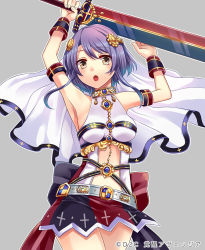 Rule 34 | 1girl, :o, armlet, armpits, arms up, bare shoulders, belt, bracelet, breasts, brown eyes, clothing cutout, collar, copyright name, cowboy shot, gem, grey background, hair ornament, holding, holding sword, holding weapon, jewelry, kakusei avenger, lots of jewelry, miniskirt, navel cutout, open mouth, original, outline, purple hair, shina shina, short hair, short hair with long locks, simple background, skirt, solo, sword, veil, weapon, white outline