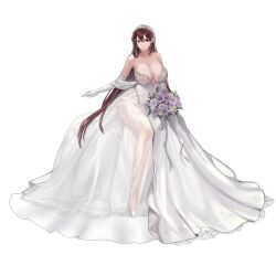 Rule 34 | 1girl, asymmetrical dress, bare shoulders, blue eyes, bouquet, breasts, brown eyes, cleavage, closed mouth, collarbone, covered navel, dress, earrings, elbow gloves, flower, frilled dress, frills, full body, game cg, gloves, hair between eyes, heterochromia, high heels, highres, holding, holding bouquet, jewelry, lace, lace-trimmed dress, lace trim, large breasts, last origin, layered dress, leaf, leaf print, lips, long dress, long hair, looking at viewer, low neckline, mel (dodosae), necklace, official alternate costume, official art, petals, purple flower, purple rose, red hair, ribbon, rose, rose petals, see-through, see-through dress, simple background, sitting, smile, solo, strapless, strapless dress, tachi-e, third-party source, tiara, transparent background, valkyrie (last origin), very long hair, wedding dress, white dress, white flower, white footwear, white gemstone, white gloves, white ribbon, white rose