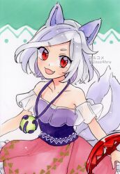 Rule 34 | 1girl, 2zuz4hru, :d, animal ears, bear trap, breasts, collarbone, cowboy shot, dog ears, dog girl, dog tail, extra tails, fang, grey hair, grey tail, highres, jewelry, mitsugashira enoko, multiple tails, necklace, off-shoulder shirt, off shoulder, open mouth, pink skirt, purple shirt, rainbow print, red eyes, shirt, short hair, skirt, small breasts, smile, solo, tail, touhou, traditional media, upper body
