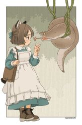 Rule 34 | 1girl, akai sashimi, animal ear fluff, animal ears, apron, artist name, bag, blush, bob cut, boots, bow, breasts, brown bag, brown eyes, brown footwear, brown hair, caecilian, cat ears, commentary, dress, foliage, frilled apron, frills, full body, green bow, green dress, hanging, highres, looking at animal, messenger bag, original, outside border, plant, rock paper scissors, short hair, shoulder bag, signature, small breasts, standing, tongue, tongue out, v, vines, white apron, yellow eyes