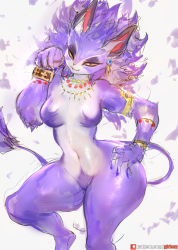 Rule 34 | 1girl, alternate form, animal ears, armlet, bracelet, breasts, cat ears, cat girl, cat tail, claws, colored sclera, curvy, earrings, eyelashes, furry, girlsay, hand on own hip, highres, isabella (seiken densetsu 3), jewelry, looking at viewer, medium breasts, navel, necklace, no nipples, no pussy, purple fur, purple hair, seiken densetsu, seiken densetsu 3, simple background, slit pupils, smile, tail, thick thighs, thighs, wide hips, yellow eyes, yellow sclera