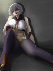 Rule 34 | 1girl, against wall, black pants, breasts, cigarette, commentary request, foot out of frame, girls&#039; frontline, gloves, grey hair, highres, holding, holding cigarette, holstered, knife, large breasts, looking at viewer, necktie, no headwear, no jacket, open mouth, pants, red eyes, red necktie, shadow, shirt, short hair, sitting, sleeveless, sleeveless shirt, smile, smoke, solo, sunglasses, teeth, thompson (girls&#039; frontline), uminchu oh, upper teeth only, weapon, white shirt, yellow gloves