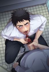 Rule 34 | 2boys, age difference, bathroom, black hair, blush, censored, drooling, erection, facial hair, highres, izukonohito, kneeling, male focus, masturbation, multiple boys, naughty face, necktie, open mouth, original, penis, penis grab, saliva, school, steam, sweat, teacher and student, toilet, tongue, tongue out, yaoi