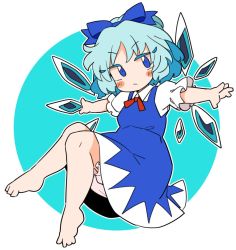 Rule 34 | 1girl, barefoot, blue bow, blue dress, blue eyes, blue hair, blush, bow, cirno, closed mouth, collared shirt, detached wings, dress, fairy, hair bow, ice, ice wings, ini (inunabe00), puffy short sleeves, puffy sleeves, shirt, short hair, short sleeves, solo, touhou, white shirt, wings