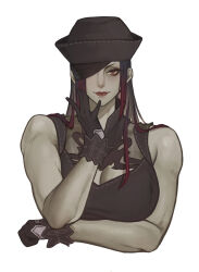 Rule 34 | 1girl, arm under breasts, bare arms, bare shoulders, black gloves, black hair, breasts, cleavage, cleavage cutout, closed mouth, clothing cutout, colored skin, cropped torso, cuffs, eyelashes, eyepatch, final fantasy, final fantasy xiv, gloves, green skin, hand up, hat, highres, large breasts, lips, looking at viewer, mole, mole under mouth, multicolored hair, one eye covered, red eyes, red hair, red lips, roegadyn, simple background, sleeveless, smile, solo, toned, two-tone hair, udongo99, upper body, warrior of light (ff14), white background