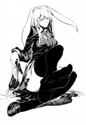 Rule 34 | 1girl, animal ears, blazer, extra ears, feet, foot focus, full body, greyscale, high contrast, high heels, highres, holding, holding shoes, jacket, loafers, long hair, monochrome, necktie, rabbit ears, reisen udongein inaba, ruukii drift, shoes, simple background, single shoe, sketch, skirt, solo, thighhighs, touhou, white background