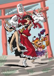 Rule 34 | 2girls, afterimage, arch, armpits, ascot, bare shoulders, barefoot, bow, detached sleeves, drunk, female focus, hair bow, hair ribbon, hair tubes, hakurei reimu, highres, ibuki suika, long sleeves, mouth hold, multiple girls, red bow, ribbon, ribbon-trimmed sleeves, ribbon trim, standing, standing on one leg, toes, tokkuri, torii, touhou, udppagen