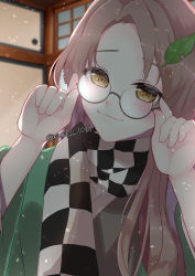 Rule 34 | 1girl, aoko (myut7287), artist name, blush, brown eyes, brown hair, checkered clothes, checkered scarf, closed mouth, futatsuiwa mamizou, glasses, green kimono, highres, indoors, japanese clothes, kimono, leaf, leaf on head, long hair, long sleeves, looking at viewer, scarf, smile, solo, touhou