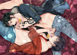 Rule 34 | 2boys, 69, age difference, black hair, cum, cum in mouth, erection, facial, licking, looking at viewer, male focus, monkey d. luffy, multiple boys, muscular, one piece, penis, scar, tattoo, testicles, tongue, trafalgar law, yaoi, yuu (1969loy)