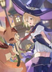 Rule 34 | 1girl, 1other, alternate costume, black capelet, black footwear, black hairband, black headwear, blonde hair, boots, brown eyes, candy, capelet, djeeta (granblue fantasy), food, frilled gloves, frills, gloves, granblue fantasy, hairband, halloween, halloween bucket, hat, highres, holding, holding candy, holding food, looking back, medium hair, neckerchief, open mouth, puffy sleeves, red neckerchief, shiromimin, shirt, skirt, smile, thigh boots, vyrn (granblue fantasy), warlock (granblue fantasy), white gloves, white shirt, white skirt, witch hat